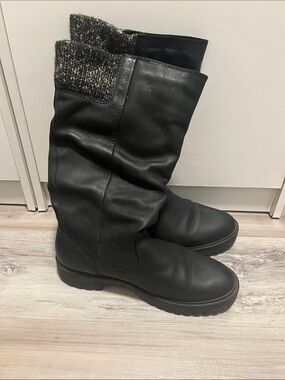 Cougar Black Leather Knee-High Boots with Knit Cuff